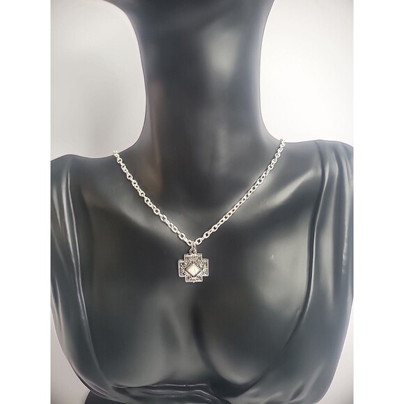 Handmade Chain Necklace Silver Tone Pendant Cross Shape White Stone Middle - Picture 3 of 11